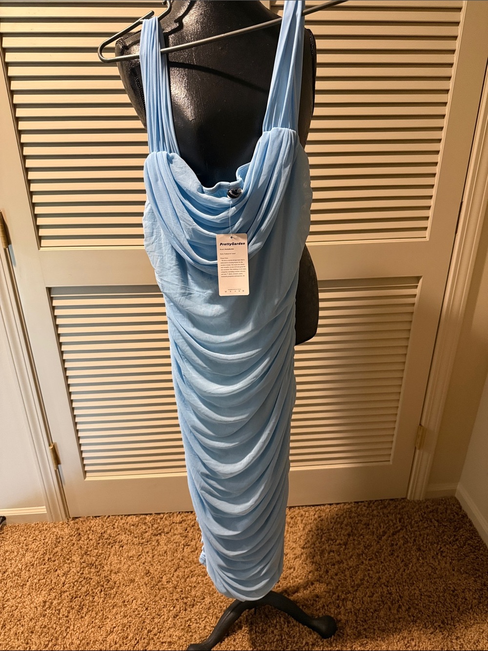 Sky Blue Ruched Midi Dress with Draped Bodice